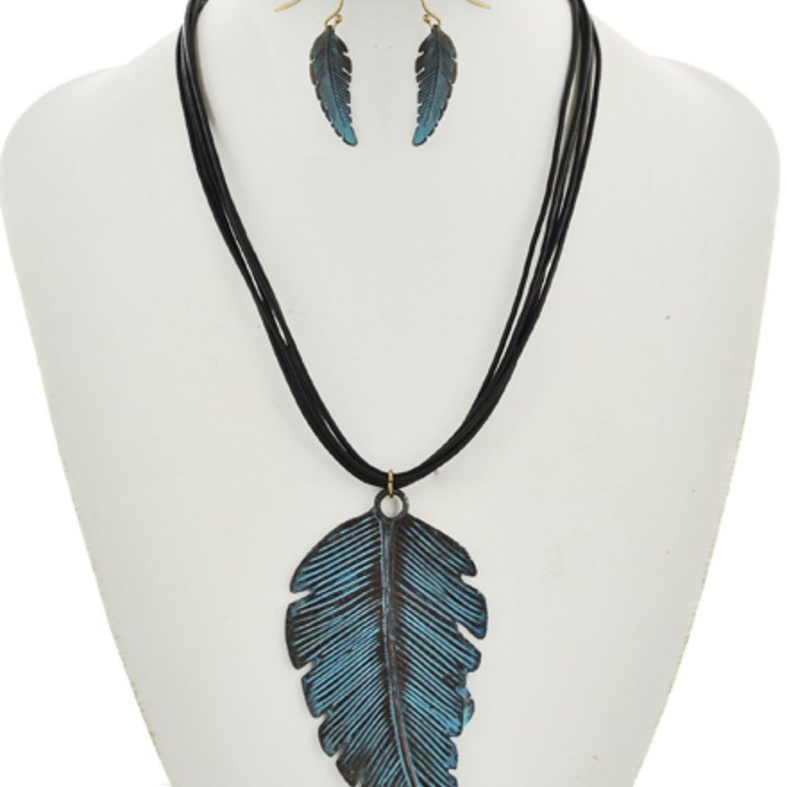 Patina & Black Cord Feather Pendant Necklace & Earring Set